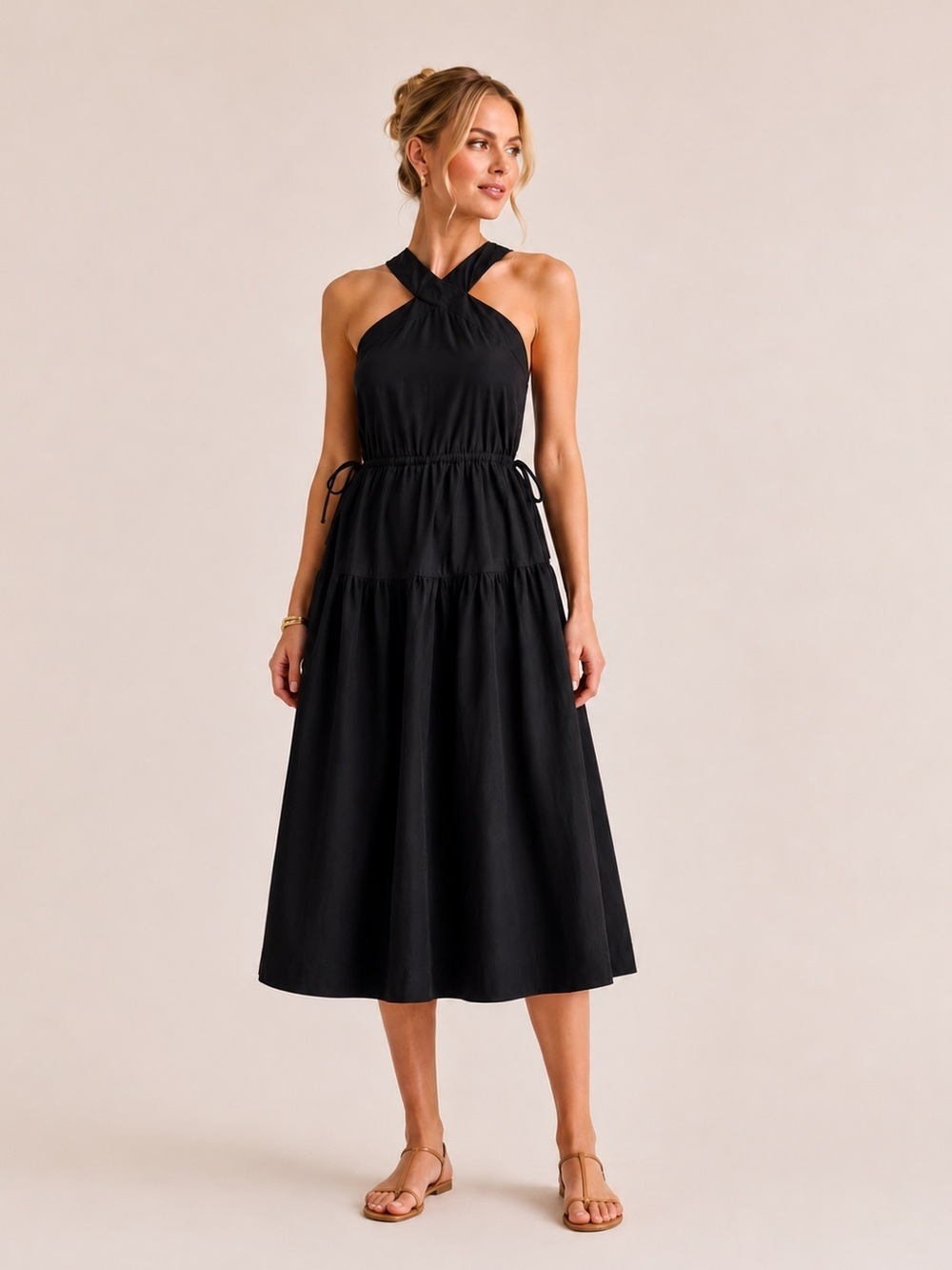 NWT Madewell Poplin Halter Tiered Midi Dress Black Size 2